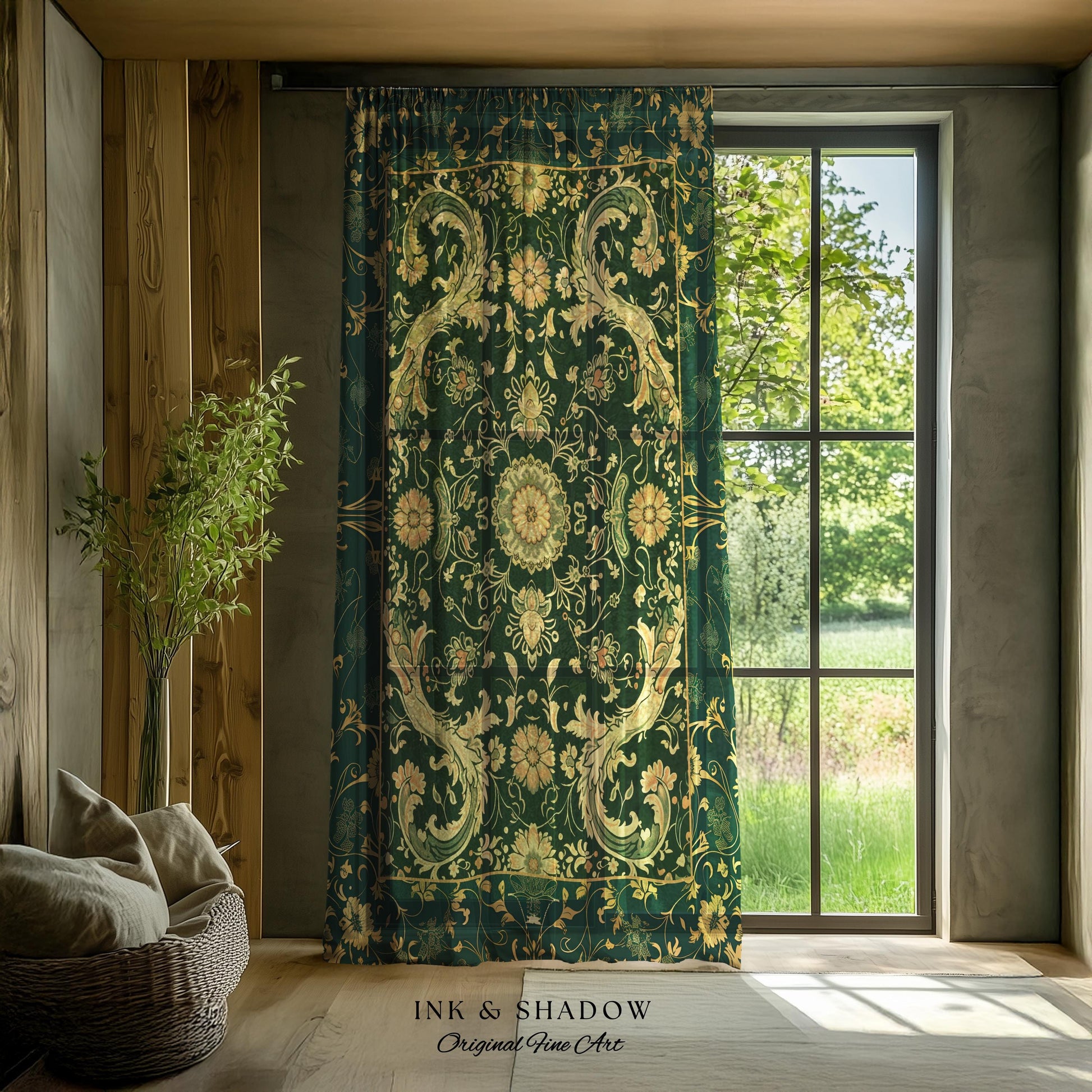 Whimsical Gothic Emerald Curtain | Dark Olive Panel Ethereal Room Accent Neo-Romantic Aesthetic Classical Baroque Revival Green Drape Set