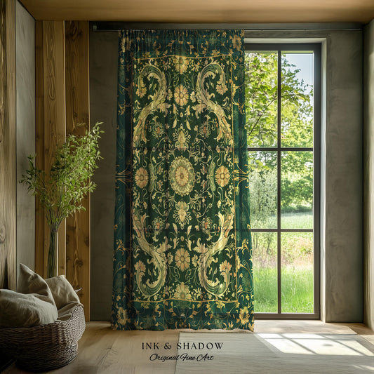 Whimsical Gothic Emerald Curtain | Dark Olive Panel Ethereal Room Accent Neo-Romantic Aesthetic Classical Baroque Revival Green Drape Set