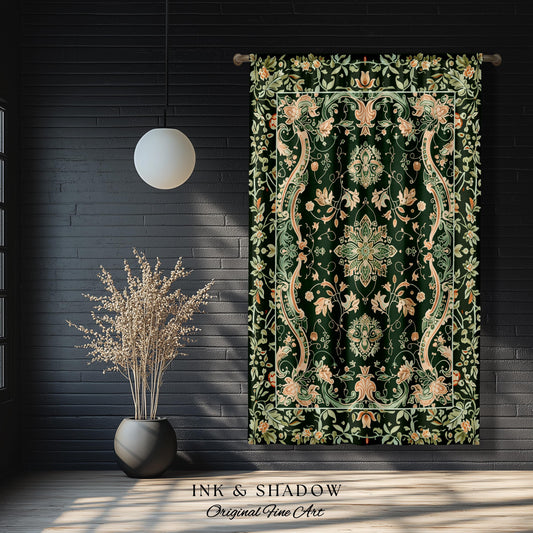 Mystic Cottagecore Accent Curtains | Hippie Drapes with Emerald Green Detail Beige Boho Aesthetic for Housewarming Gift Vibrant Color Decor