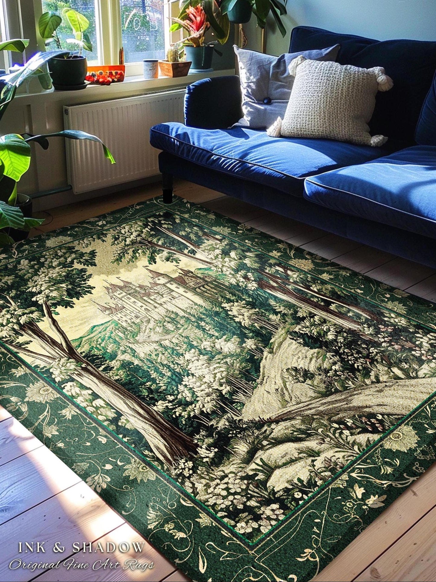 Medieval Castle Woodland Forest Rug | Forestcore Dark Academia Fairytale Inspired Fairycore Aesthetic Accent Rug Magical Emerald Home Decor
