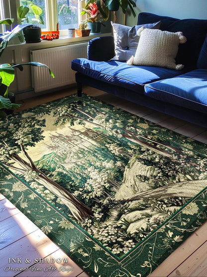 Medieval Castle Woodland Forest Rug | Forestcore Dark Academia Fairytale Inspired Fairycore Aesthetic Accent Rug Magical Emerald Home Decor