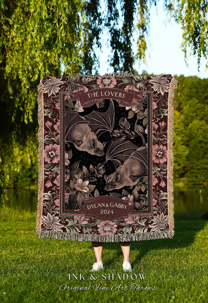 Dark Floral Marriage Blanket Custom Tapestry | Bat Couple Gothic Wedding Custom Blanket Woven Gift for Goth Couples Dark Cottagecore Throw |