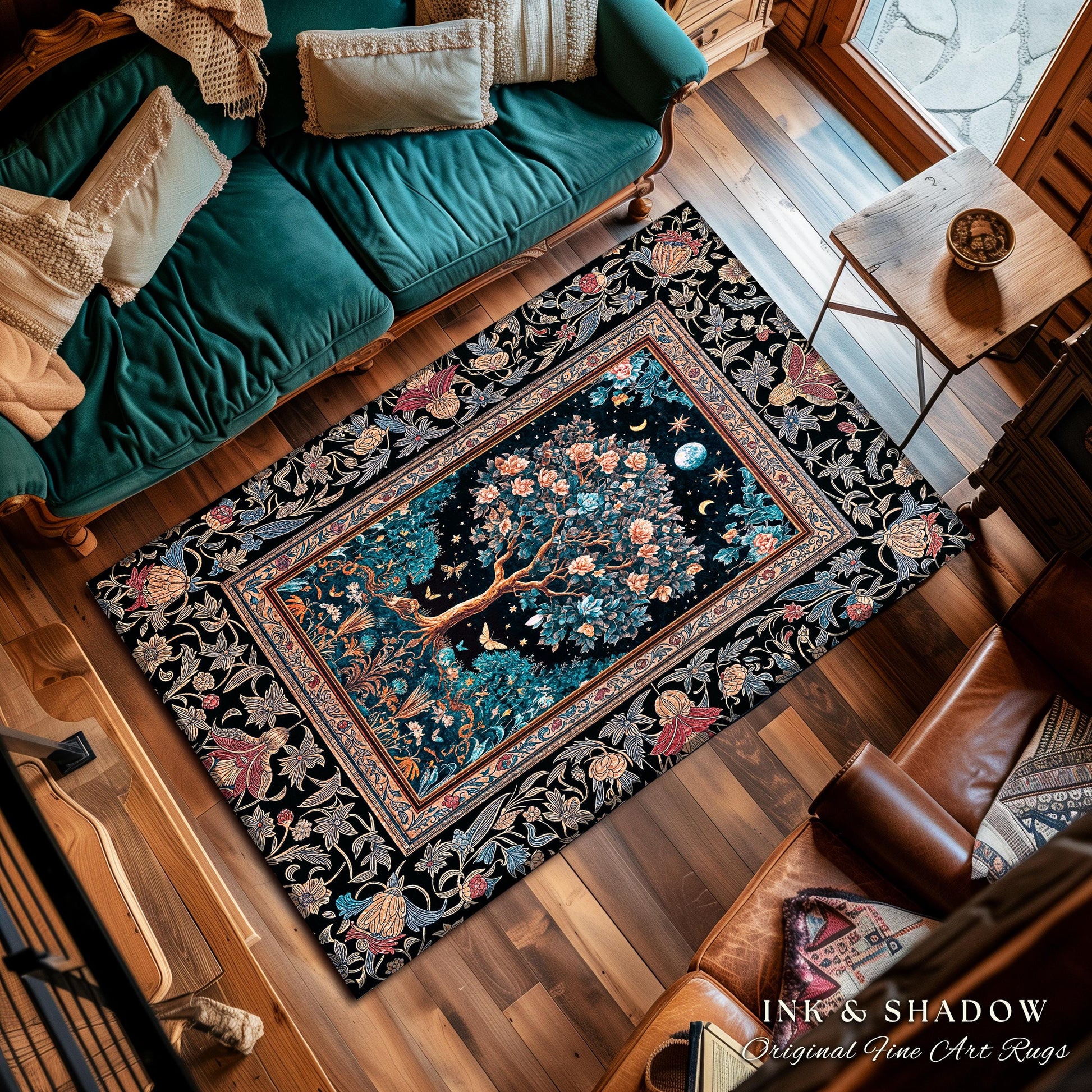 Enchanted Moonlit Tree of Life Area Rug | Romantic Forest Aesthetic Home Decor Vintage Boho Style Housewarming Gift Cozy Bedroom Floor Mat