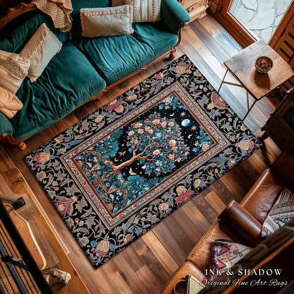 Enchanted Moonlit Tree of Life Area Rug | Romantic Forest Aesthetic Home Decor Vintage Boho Style Housewarming Gift Cozy Bedroom Floor Mat