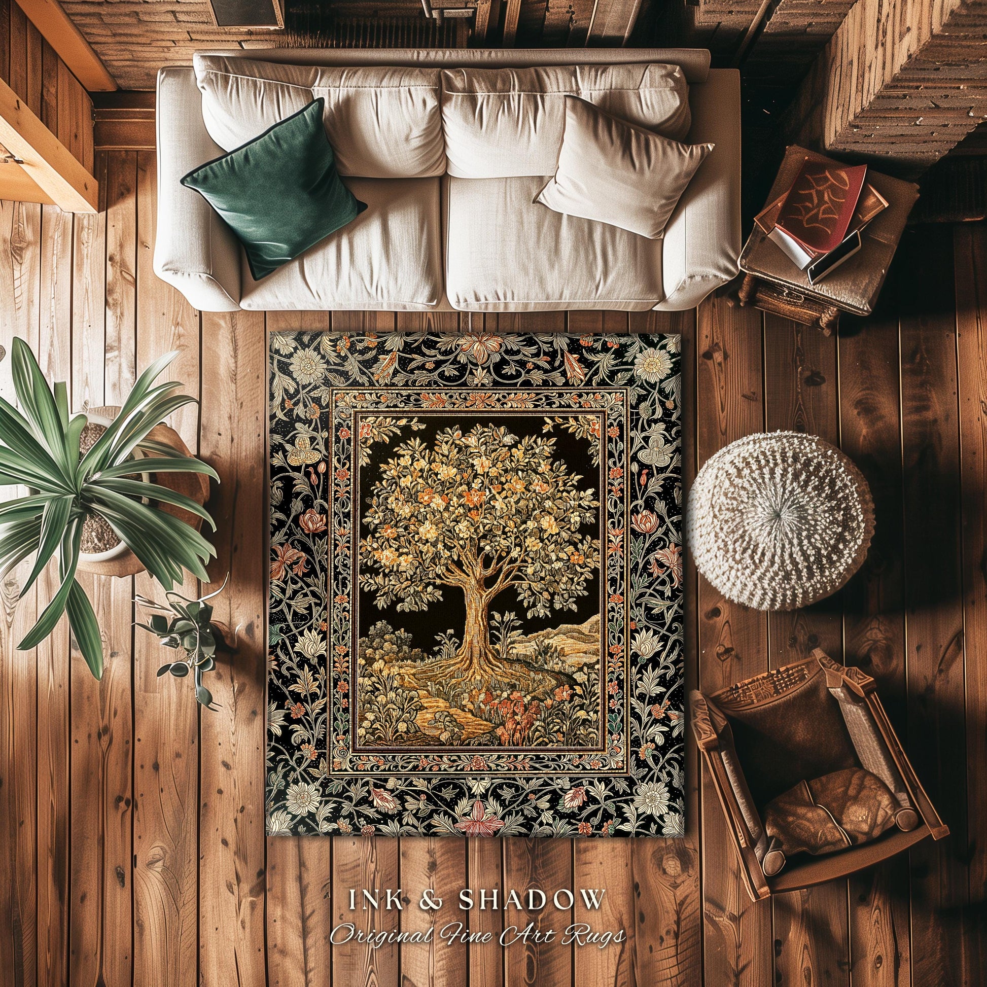 Muted Tones Eclectic Tree of Life Rug | Rustic Bohemian Aesthetic Decor Nature Inspired Bedroom Accent Rug Enchanted Cottagecore Fairycore