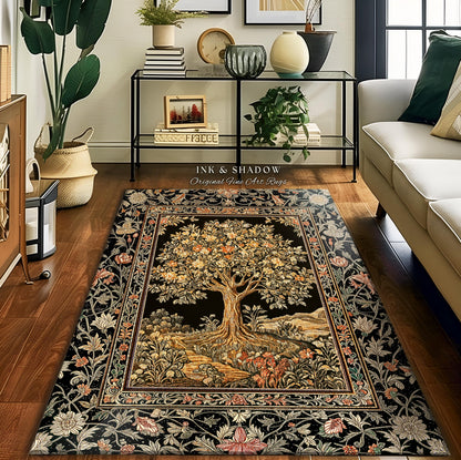 Muted Tones Eclectic Tree of Life Rug | Rustic Bohemian Aesthetic Decor Nature Inspired Bedroom Accent Rug Enchanted Cottagecore Fairycore