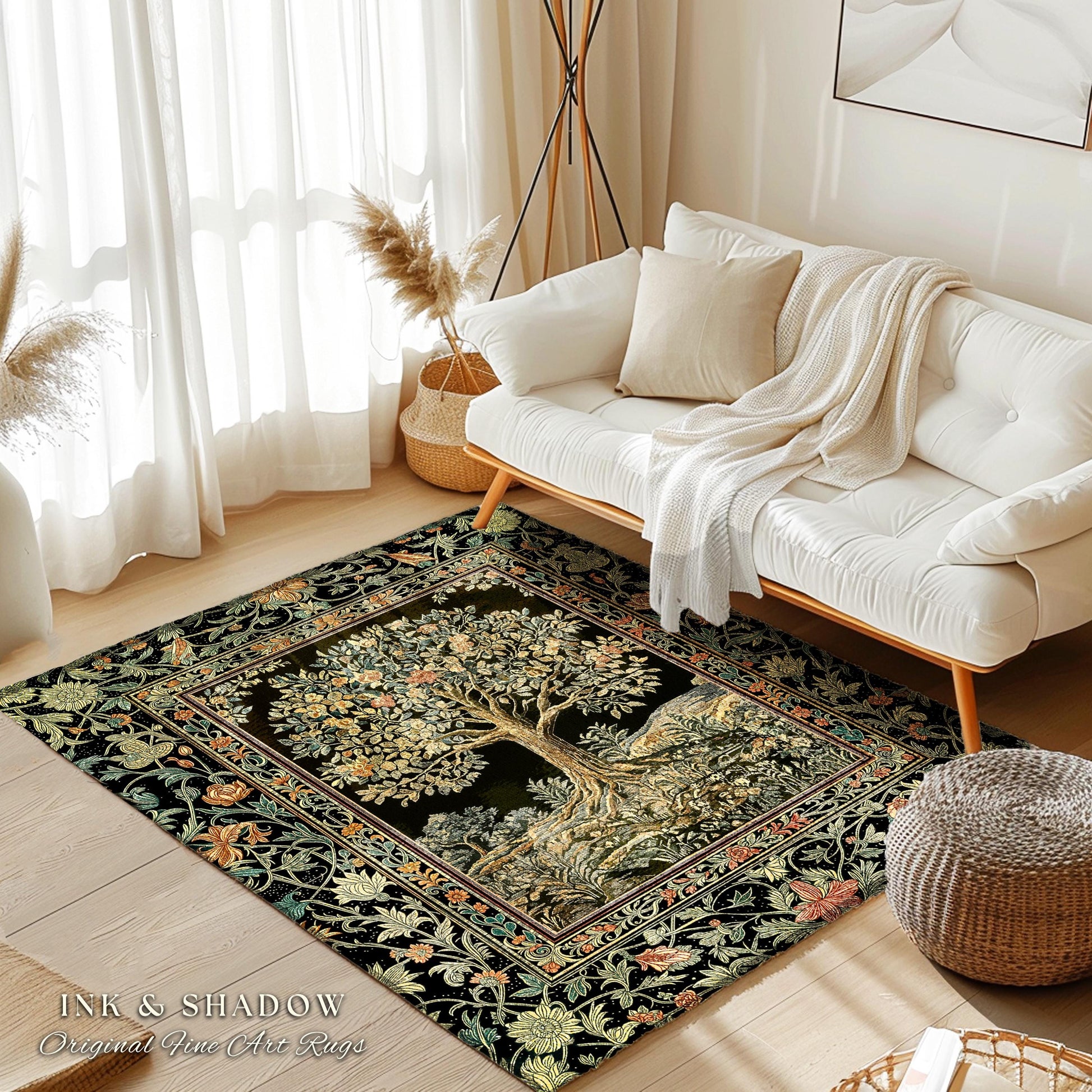 Regal Woodland Tree Rug | Floral Heritage Decor Rug Parisian Style Gothic Cottagecore Aesthetic Traditional Living Room Accent Chateaucore