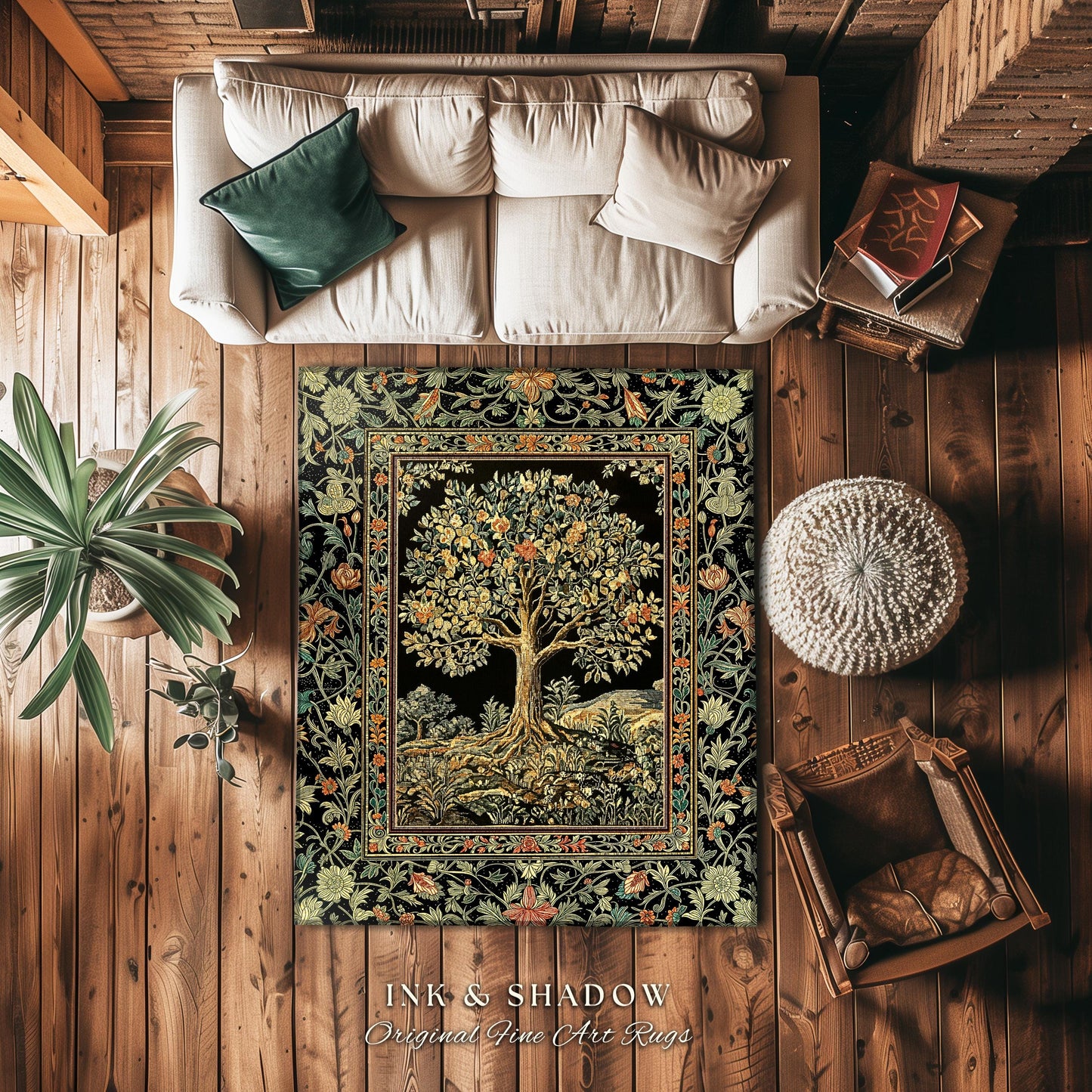 Regal Woodland Tree Rug | Floral Heritage Decor Rug Parisian Style Gothic Cottagecore Aesthetic Traditional Living Room Accent Chateaucore
