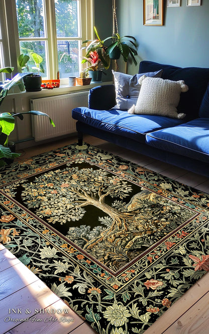 Regal Woodland Tree Rug | Floral Heritage Decor Rug Parisian Style Gothic Cottagecore Aesthetic Traditional Living Room Accent Chateaucore