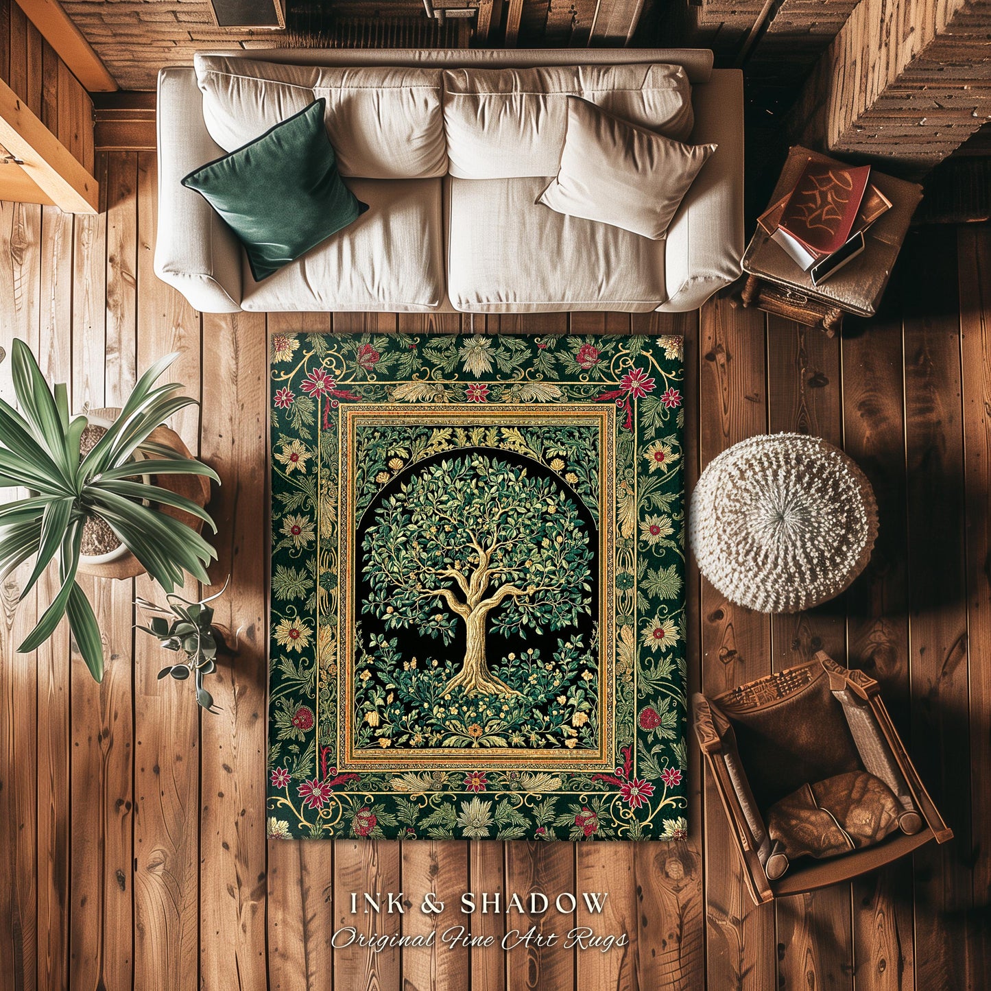 Forest Green Heritage Tree Rug | Lush Botanical Tapestry Style with Crimson Floral Borders Vintage Cottagecore Maximalist Medieval Aesthetic