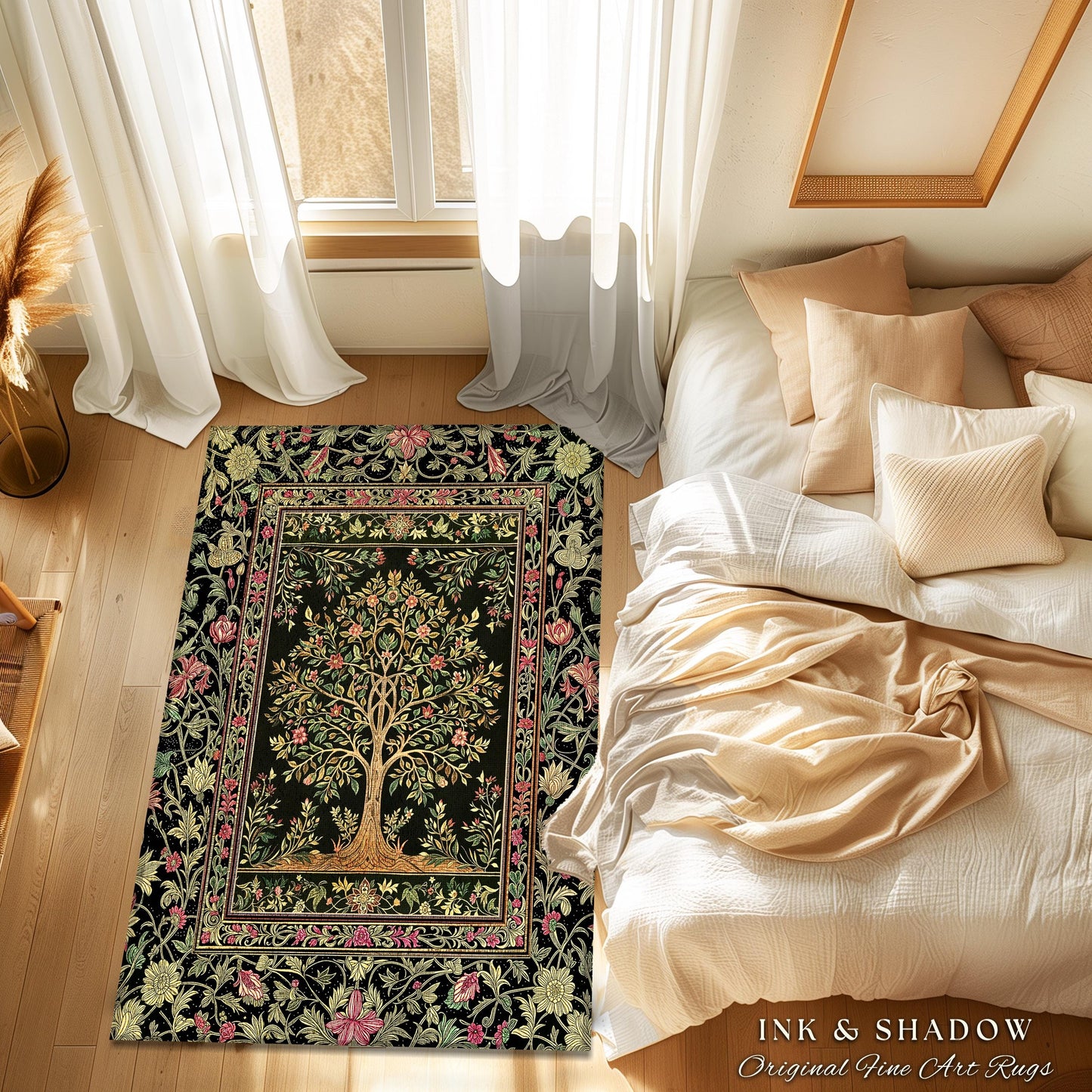 Art Nouveau Maximalist Tree Rug | Ornate Botanical Accent Rug Tree of Life Motif Medieval Floral Pattern Romantic Style Morris Inspired |