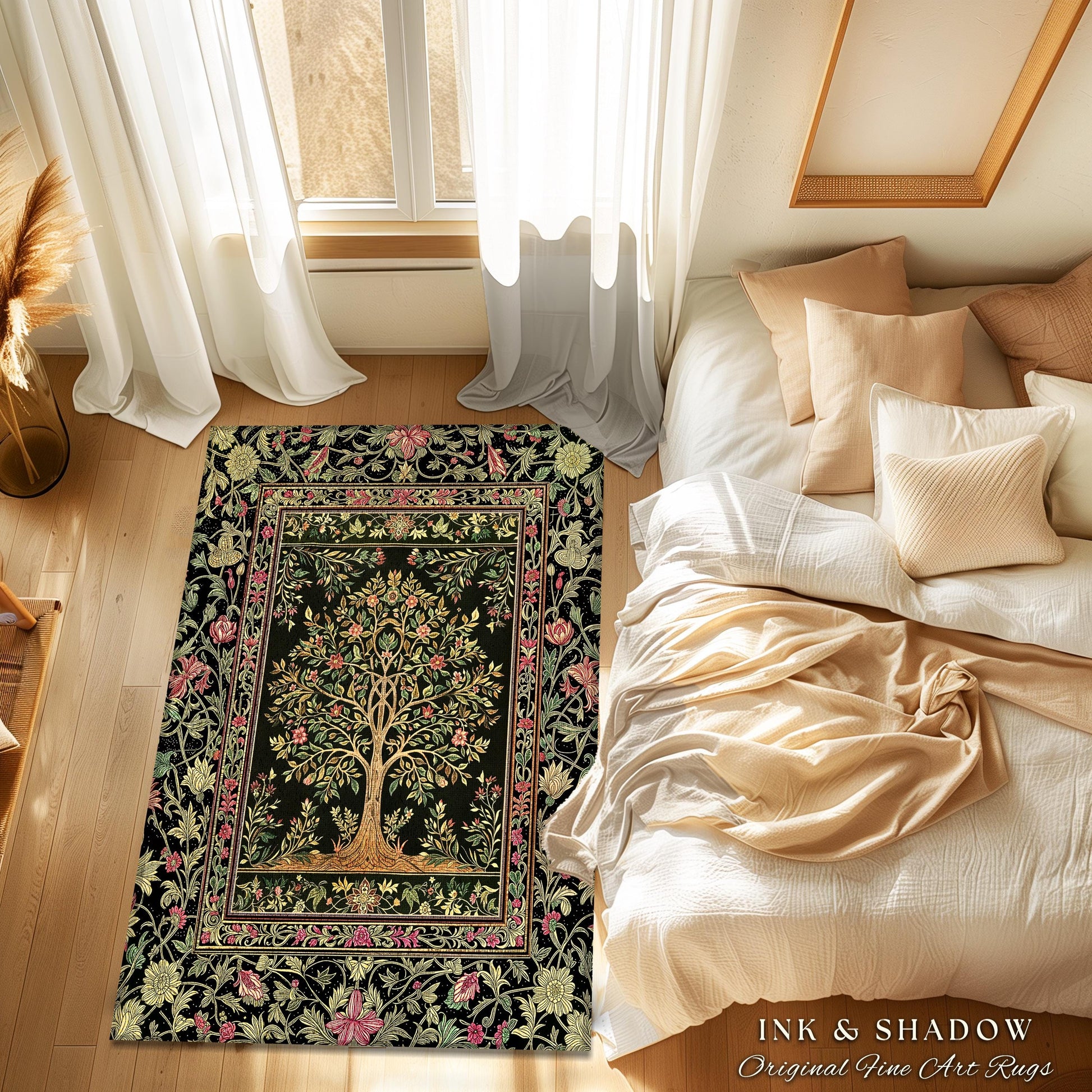 Art Nouveau Maximalist Tree Rug | Ornate Botanical Accent Rug Tree of Life Motif Medieval Floral Pattern Romantic Style Morris Inspired |