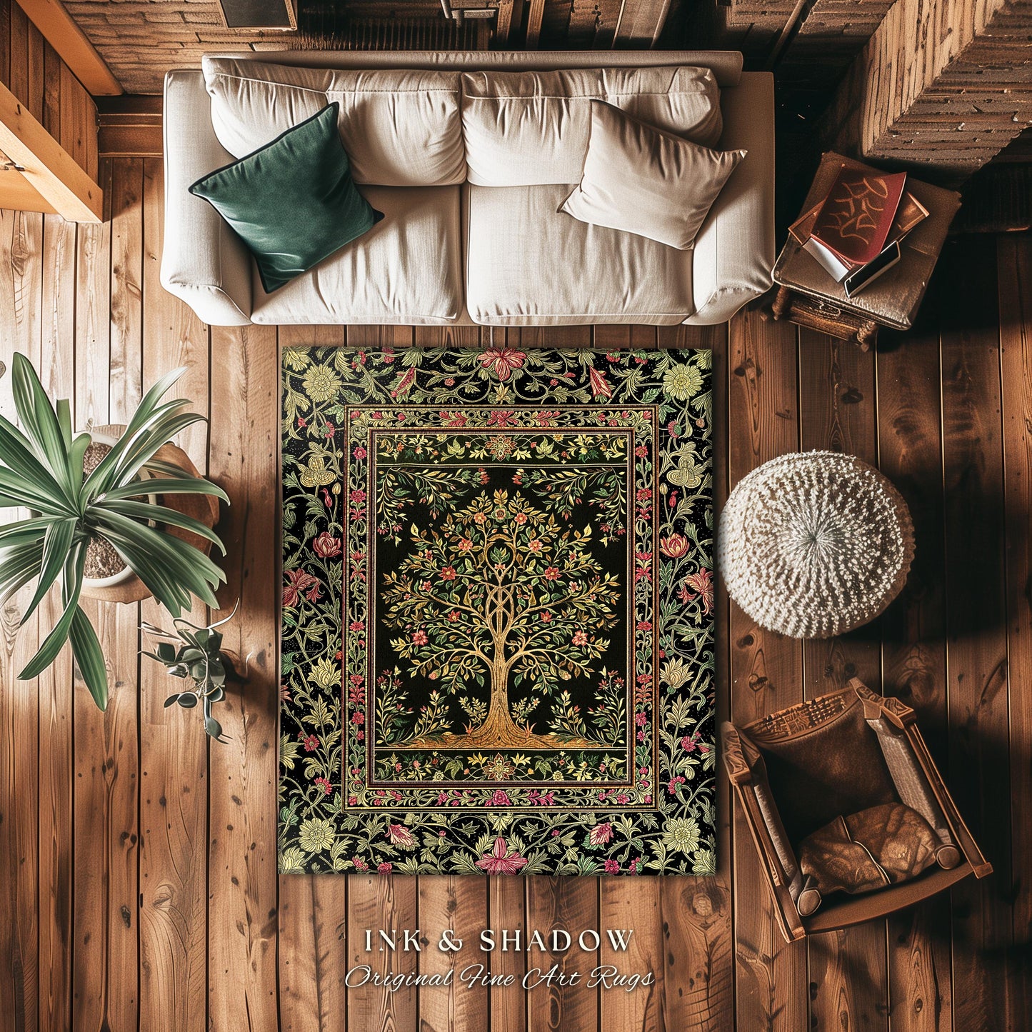 Art Nouveau Maximalist Tree Rug | Ornate Botanical Accent Rug Tree of Life Motif Medieval Floral Pattern Romantic Style Morris Inspired |