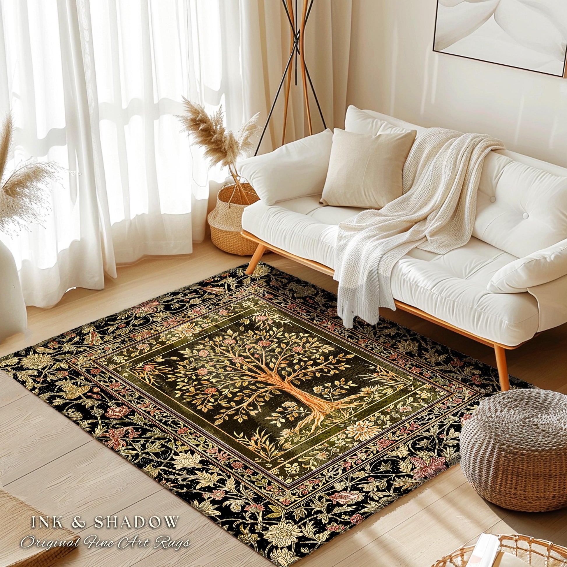 Baroque Forest Whimsical Accent Rug | Ornate Botanical Design Gothic Cottagecore Decor Romantic Fairycore Vintage Floral Bedroom Carpet |