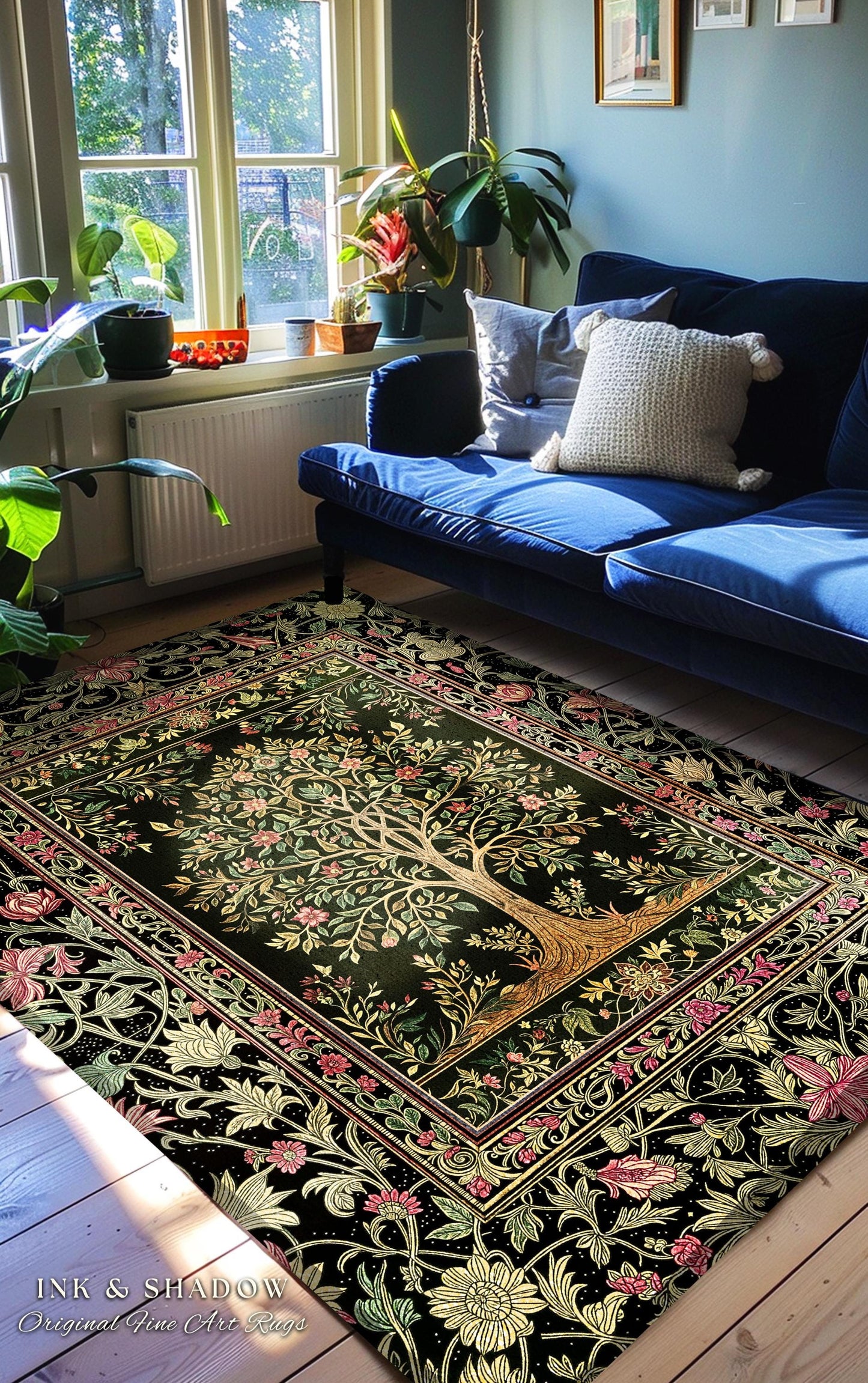 Art Nouveau Maximalist Tree Rug | Ornate Botanical Accent Rug Tree of Life Motif Medieval Floral Pattern Romantic Style Morris Inspired |