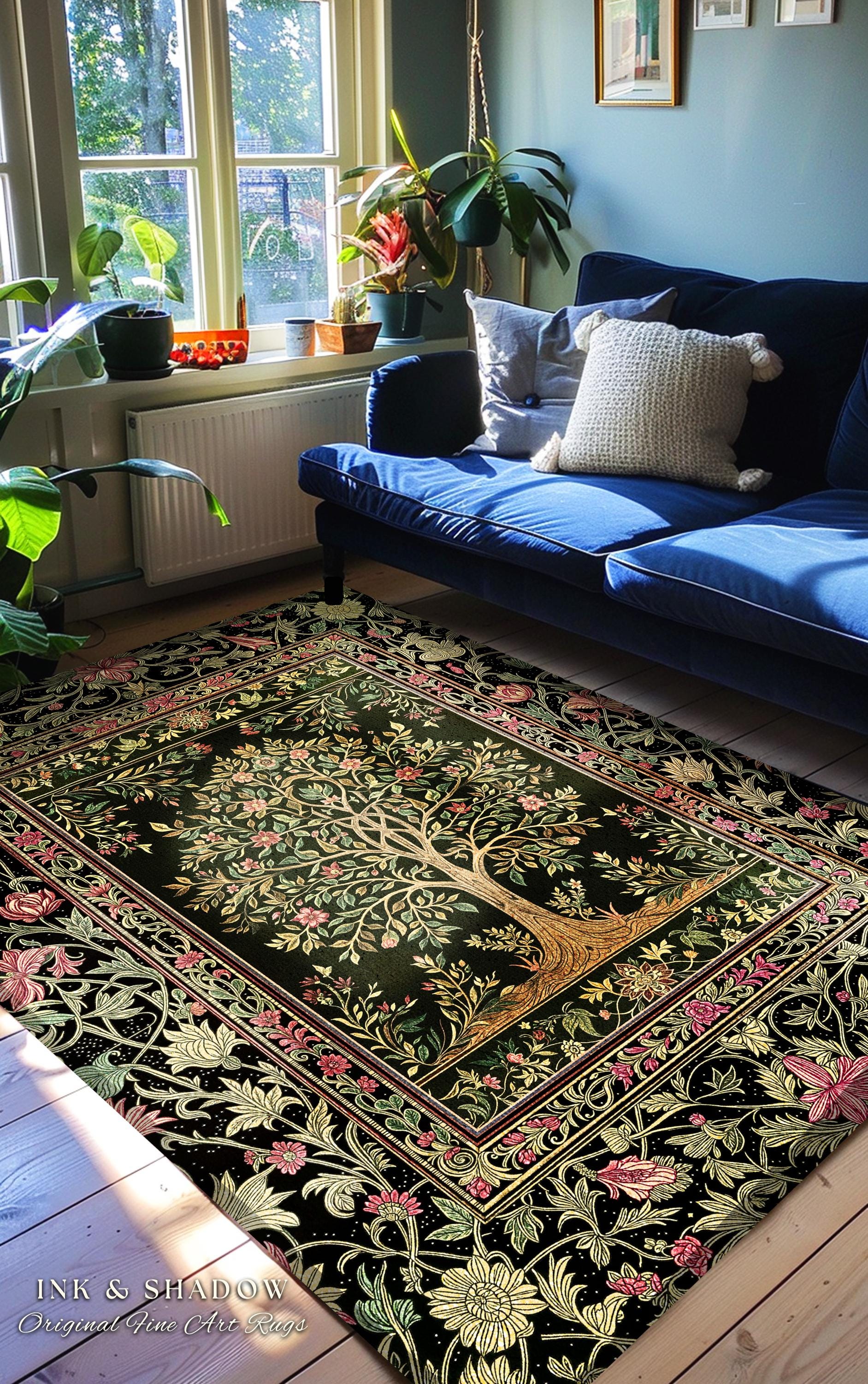 Art Nouveau Maximalist Tree Rug | Ornate Botanical Accent Rug Tree of Life Motif Medieval Floral Pattern Romantic Style Morris Inspired |