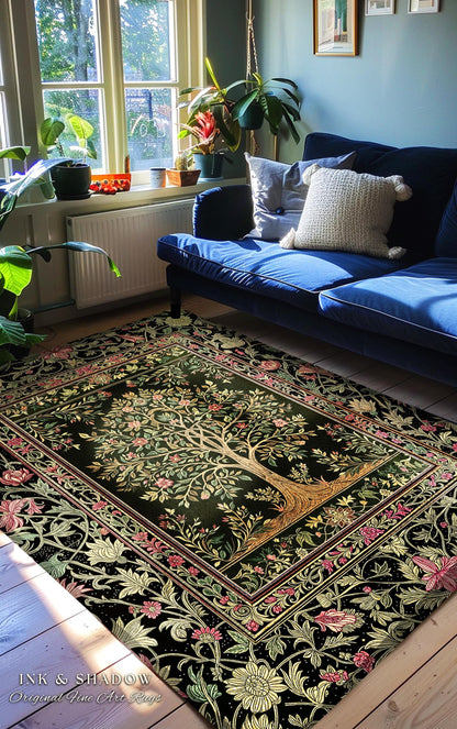 Art Nouveau Maximalist Tree Rug | Ornate Botanical Accent Rug Tree of Life Motif Medieval Floral Pattern Romantic Style Morris Inspired |
