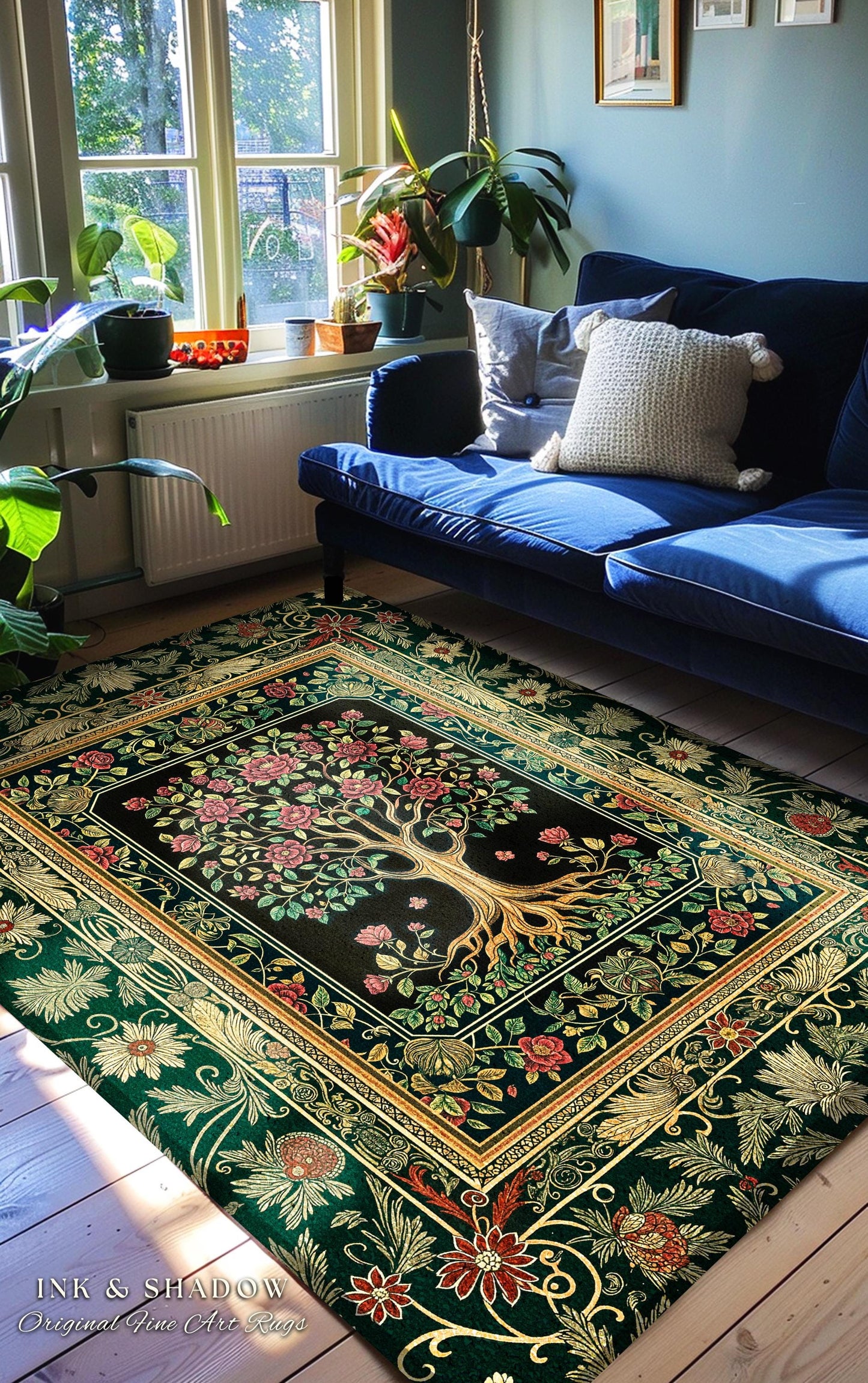 Floral Victorian Garden Tree Rug | Baroque Floral Design Folk Art Inspired Medieval Botanical Decor Romantic Rococo Cottagecore Accent Rug |