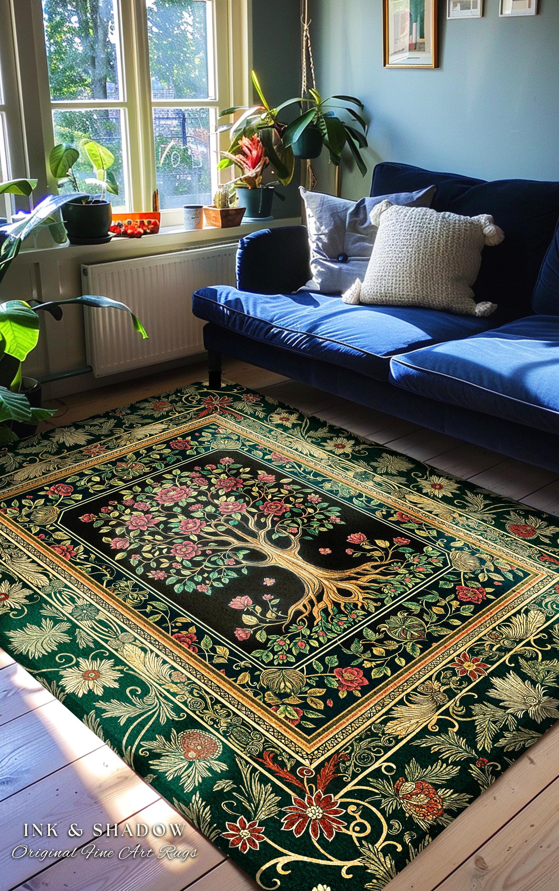 Floral Victorian Garden Tree Rug | Baroque Floral Design Folk Art Inspired Medieval Botanical Decor Romantic Rococo Cottagecore Accent Rug |
