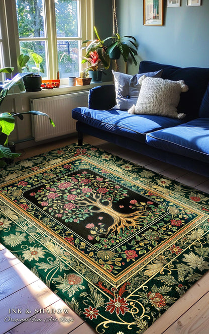Floral Victorian Garden Tree Rug | Baroque Floral Design Folk Art Inspired Medieval Botanical Decor Romantic Rococo Cottagecore Accent Rug |