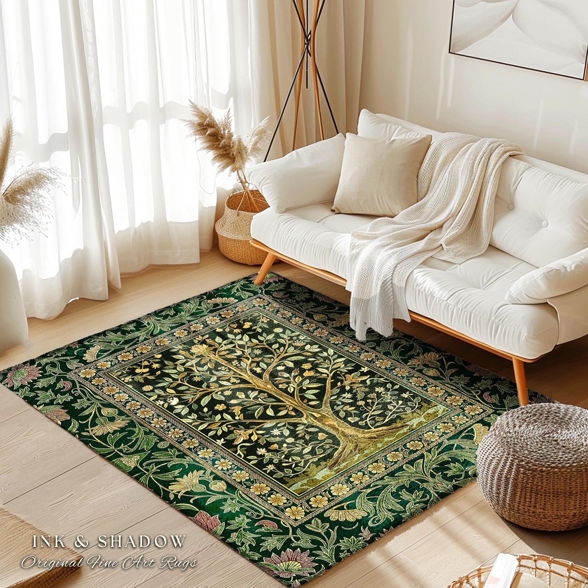 Golden Aesthetic Tree of Life Rug | Emerald Botanical Decor Romantic Folklore Gothic Tapestry Style Vintage Floral Maximalist Home Accent |