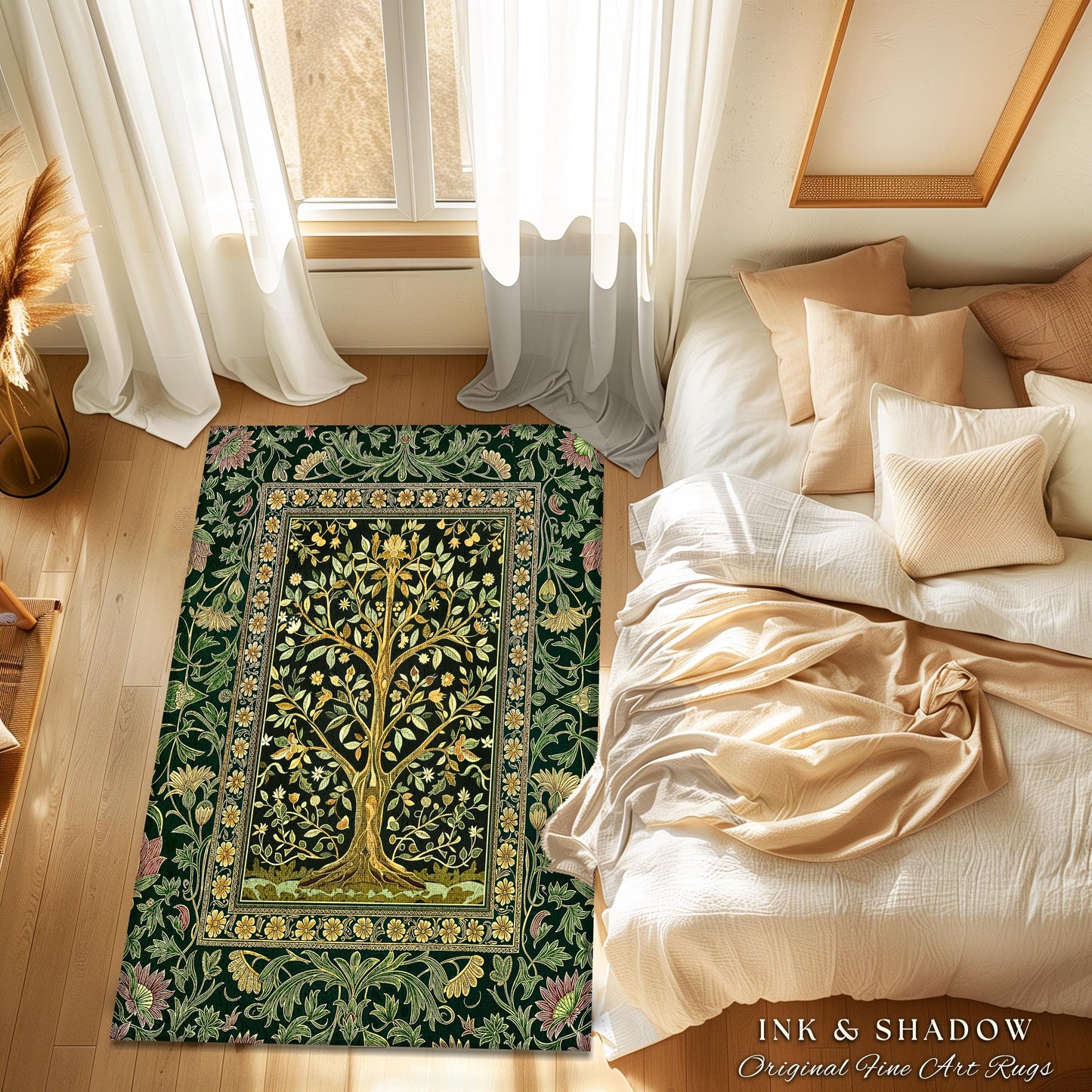 Golden Aesthetic Tree of Life Rug | Emerald Botanical Decor Romantic Folklore Gothic Tapestry Style Vintage Floral Maximalist Home Accent |