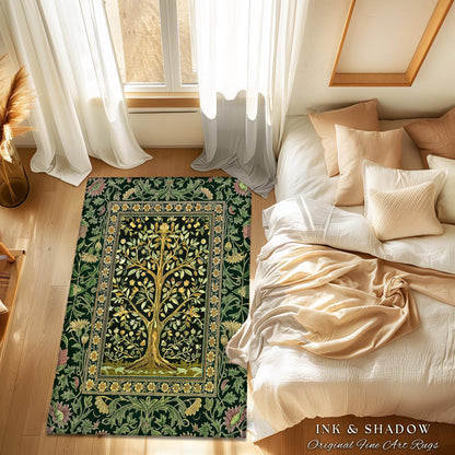 Golden Aesthetic Tree of Life Rug | Emerald Botanical Decor Romantic Folklore Gothic Tapestry Style Vintage Floral Maximalist Home Accent |