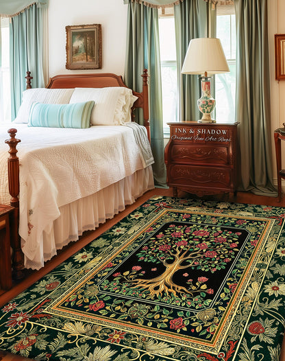 Floral Victorian Garden Tree Rug | Baroque Floral Design Folk Art Inspired Medieval Botanical Decor Romantic Rococo Cottagecore Accent Rug |