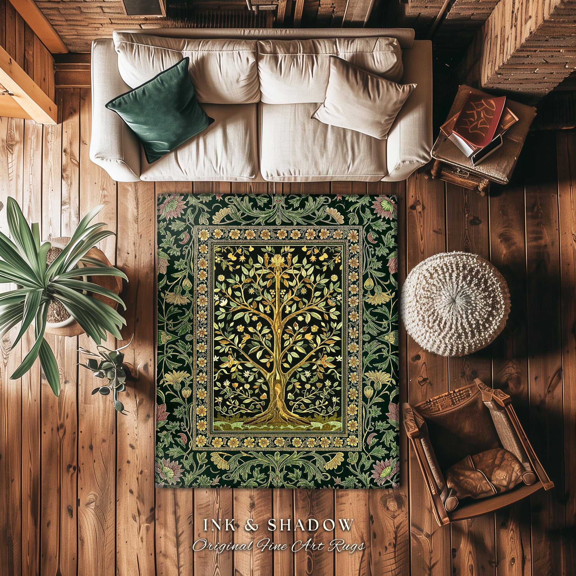Golden Aesthetic Tree of Life Rug | Emerald Botanical Decor Romantic Folklore Gothic Tapestry Style Vintage Floral Maximalist Home Accent |
