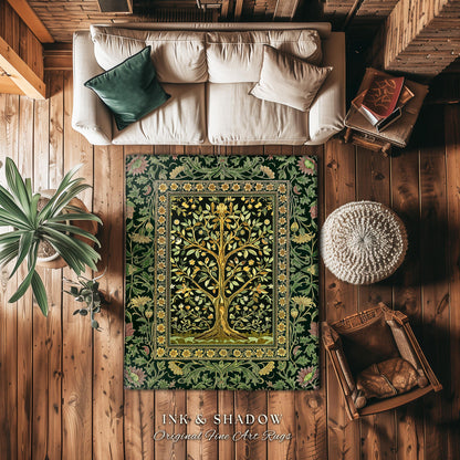 Golden Aesthetic Tree of Life Rug | Emerald Botanical Decor Romantic Folklore Gothic Tapestry Style Vintage Floral Maximalist Home Accent |