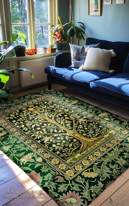 Golden Aesthetic Tree of Life Rug | Emerald Botanical Decor Romantic Folklore Gothic Tapestry Style Vintage Floral Maximalist Home Accent |