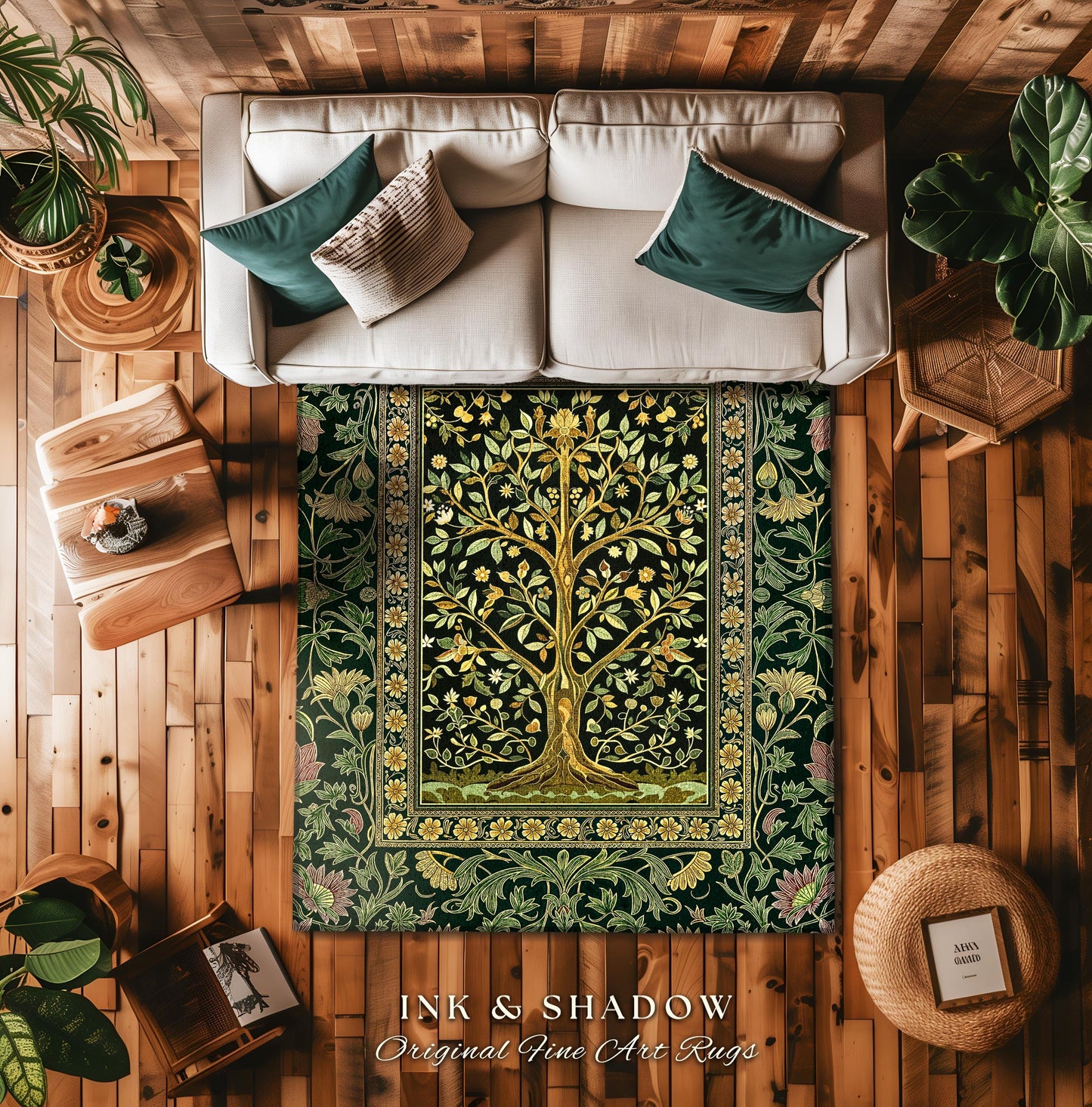 Golden Aesthetic Tree of Life Rug | Emerald Botanical Decor Romantic Folklore Gothic Tapestry Style Vintage Floral Maximalist Home Accent |