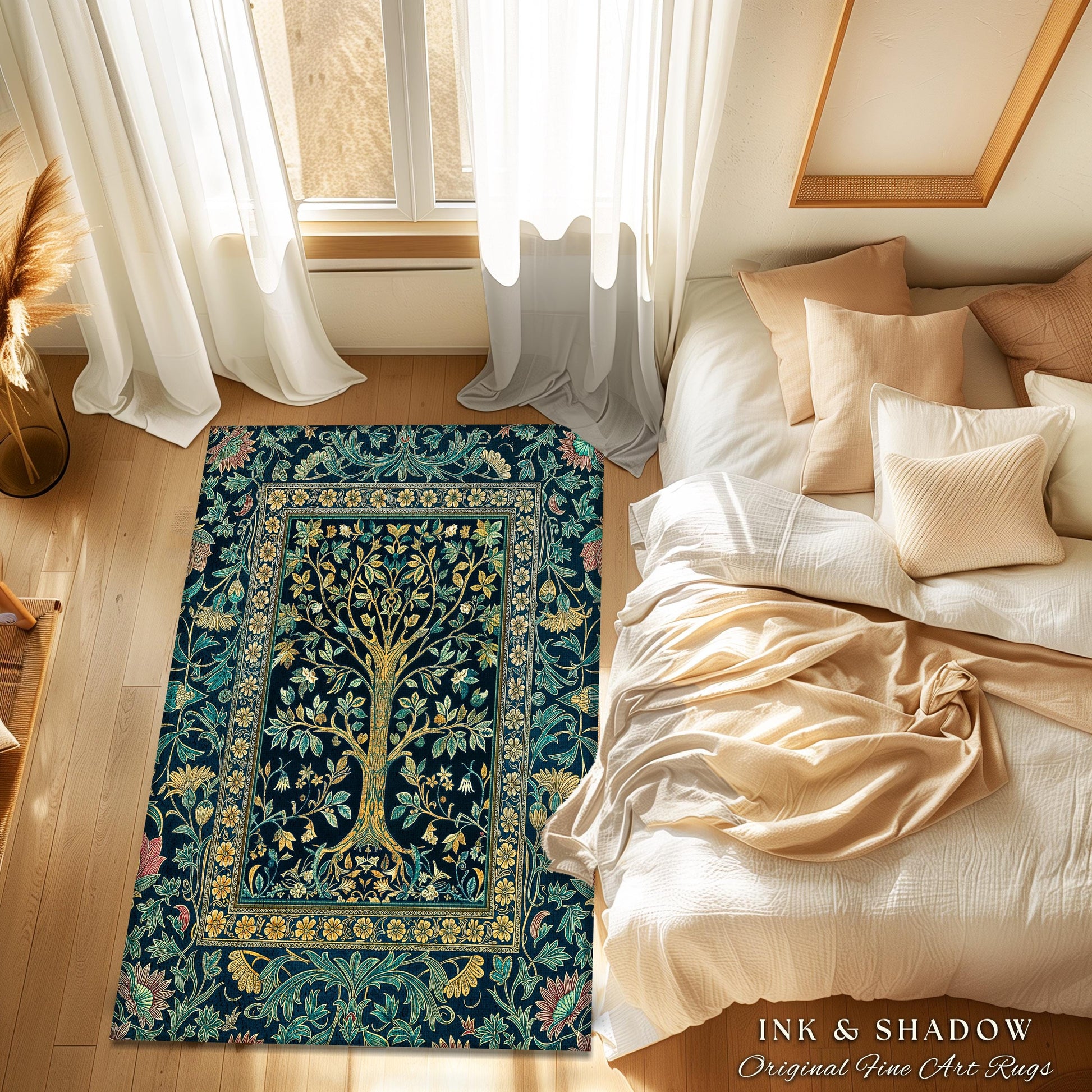 Elegant Cool Toned Tree Area Rug | Enchanted Bohemian Decor Ornate Botanical Accent Romantic Maximalist Gothic Style Living Room Carpet |