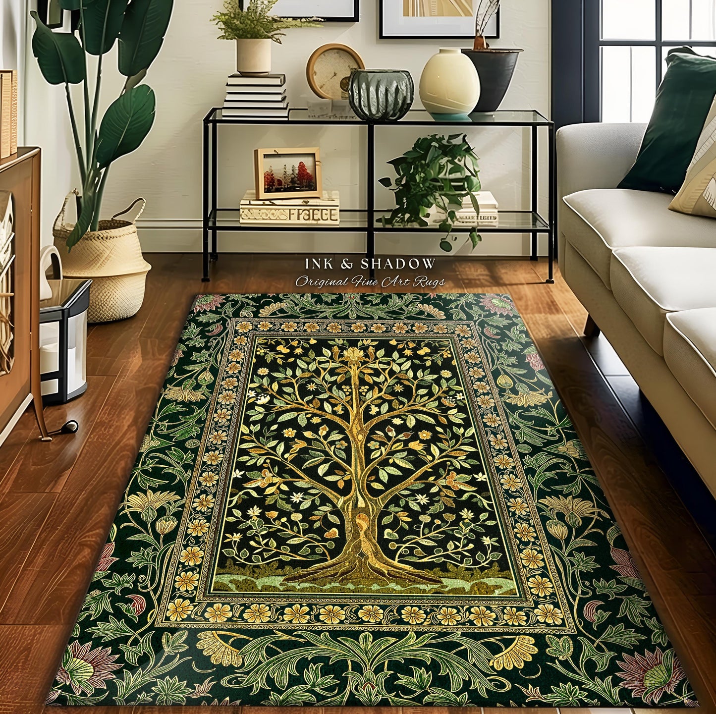 Golden Aesthetic Tree of Life Rug | Emerald Botanical Decor Romantic Folklore Gothic Tapestry Style Vintage Floral Maximalist Home Accent |