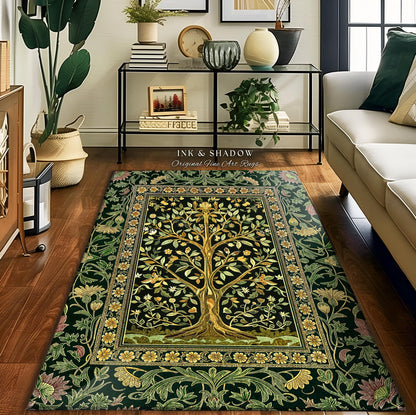 Golden Aesthetic Tree of Life Rug | Emerald Botanical Decor Romantic Folklore Gothic Tapestry Style Vintage Floral Maximalist Home Accent |