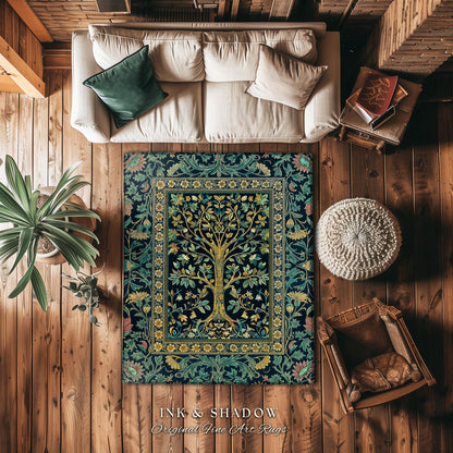 Elegant Cool Toned Tree Area Rug | Enchanted Bohemian Decor Ornate Botanical Accent Romantic Maximalist Gothic Style Living Room Carpet |