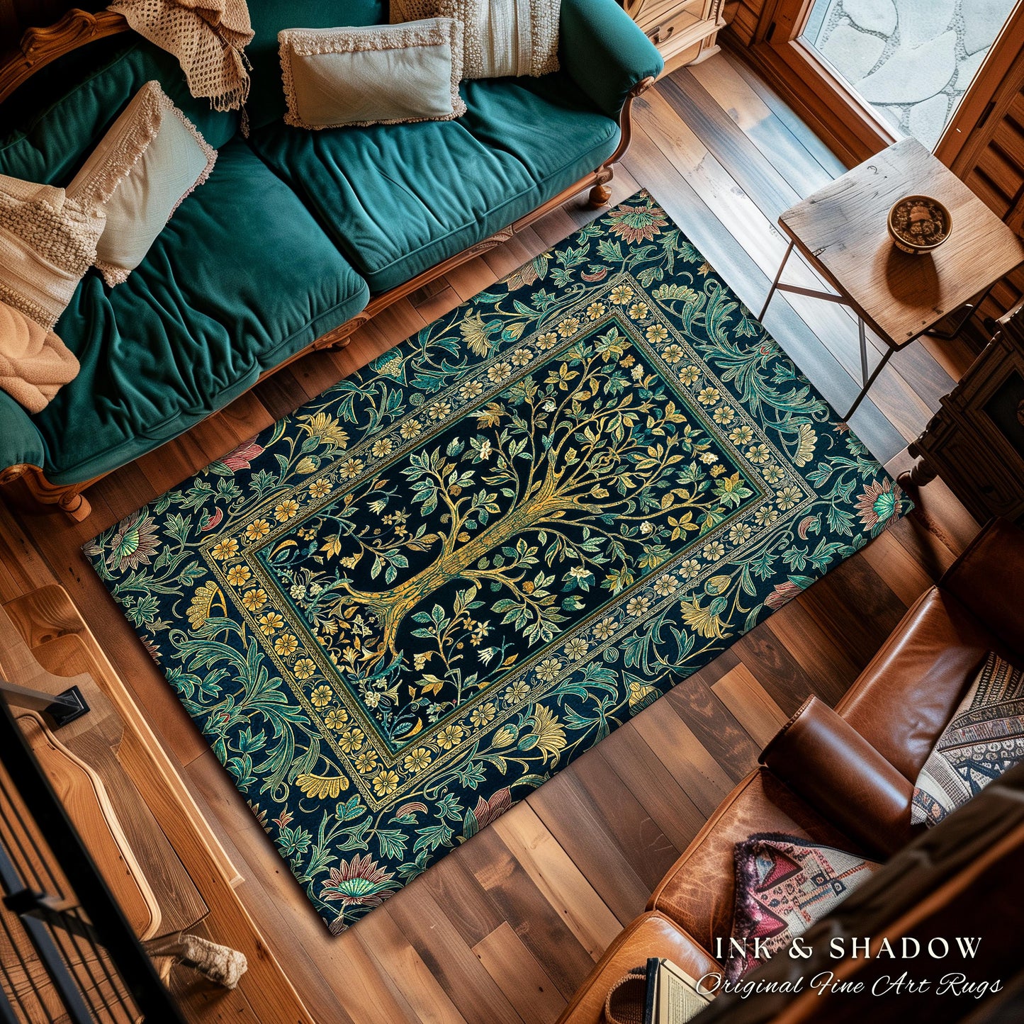 Elegant Cool Toned Tree Area Rug | Enchanted Bohemian Decor Ornate Botanical Accent Romantic Maximalist Gothic Style Living Room Carpet |