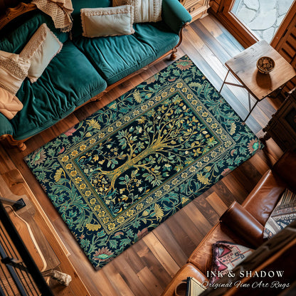 Elegant Cool Toned Tree Area Rug | Enchanted Bohemian Decor Ornate Botanical Accent Romantic Maximalist Gothic Style Living Room Carpet |