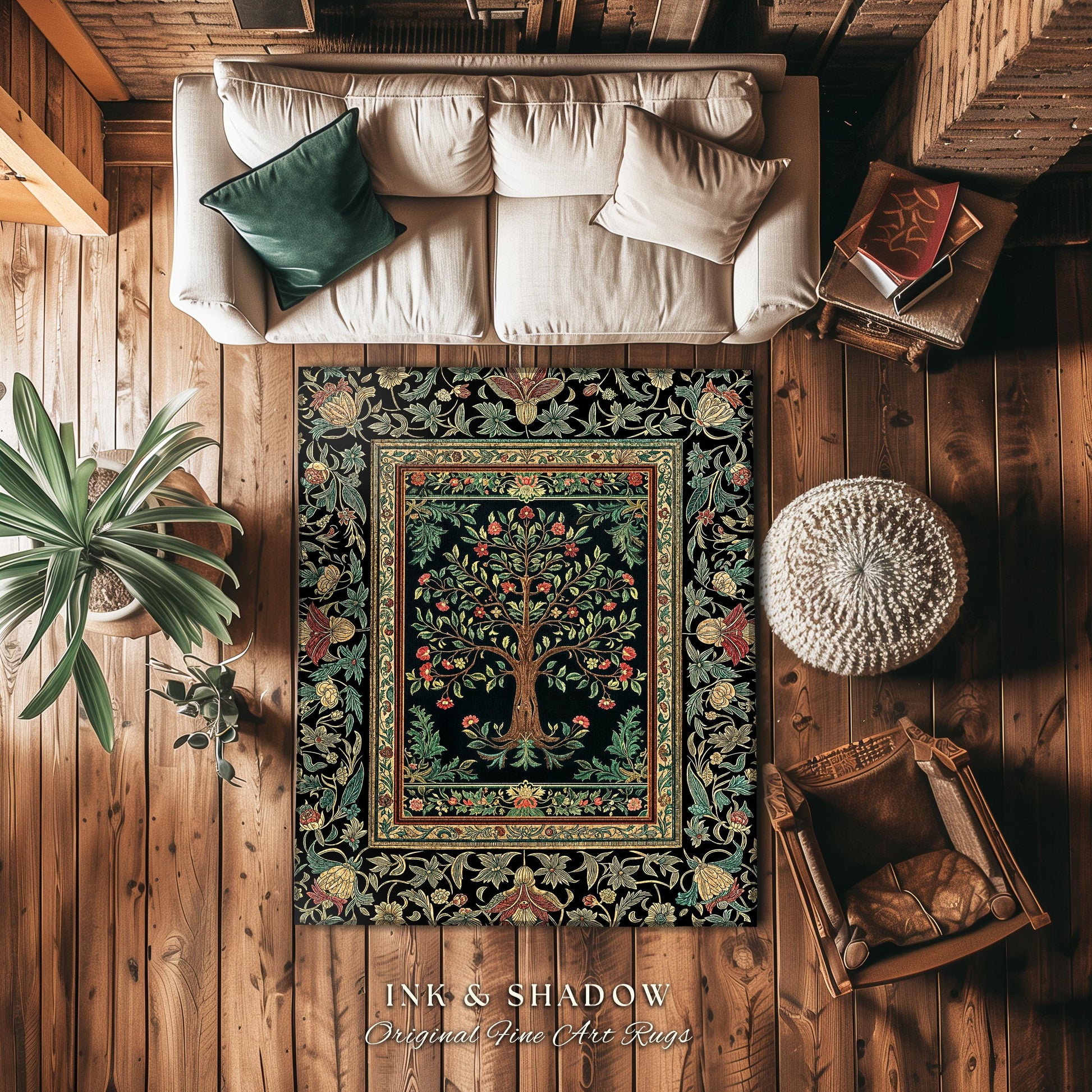 Medieval Folk Art Dark Floral Rug | Ornate Tree of Life Morris Style Fairytale Folklore Cottagecore Botanical Bedroom Decor Jewel Tones |