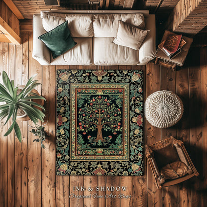 Medieval Folk Art Dark Floral Rug | Ornate Tree of Life Morris Style Fairytale Folklore Cottagecore Botanical Bedroom Decor Jewel Tones |