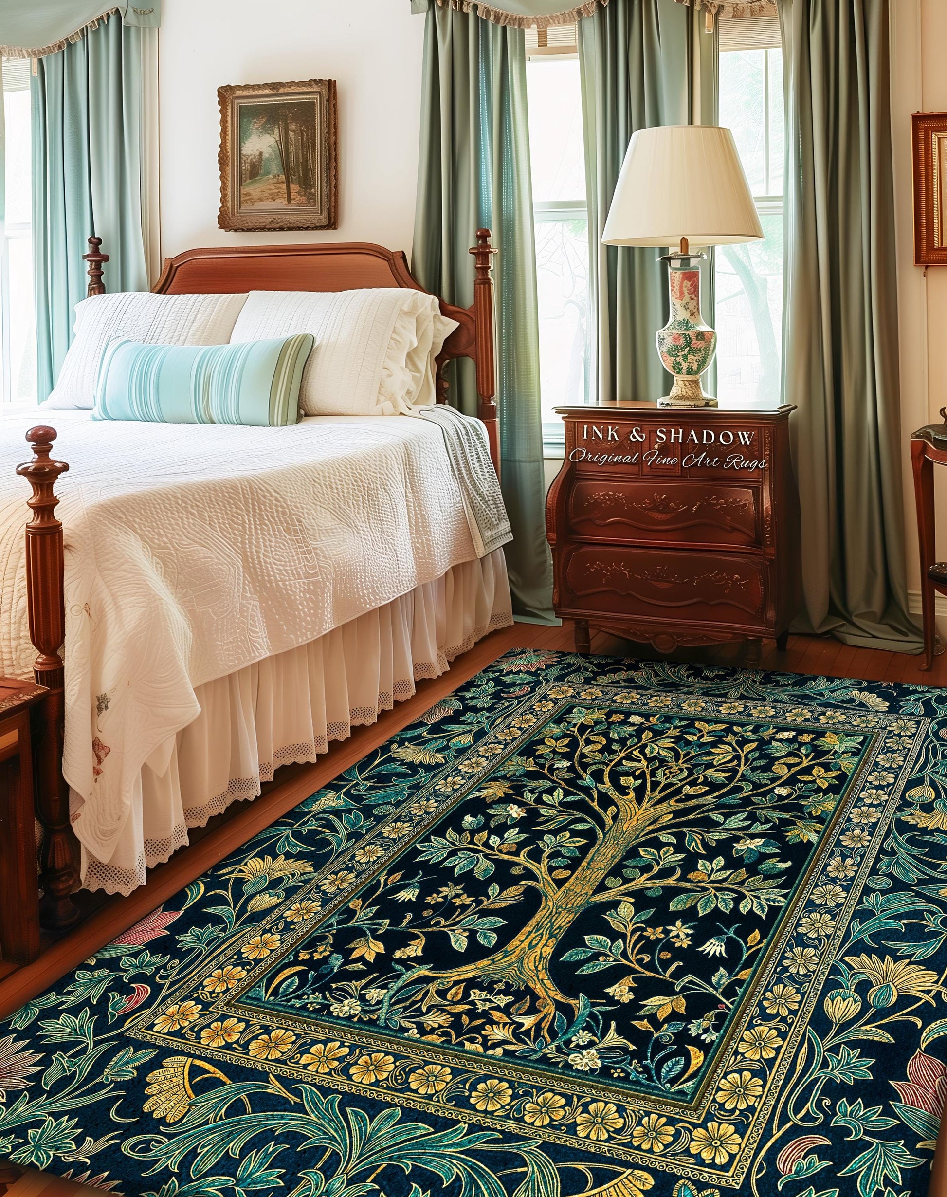 Elegant Cool Toned Tree Area Rug | Enchanted Bohemian Decor Ornate Botanical Accent Romantic Maximalist Gothic Style Living Room Carpet |