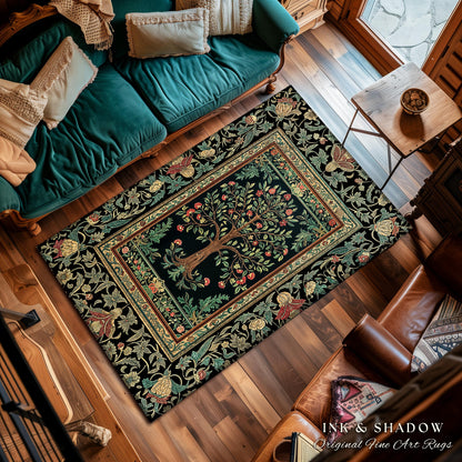 Medieval Folk Art Dark Floral Rug | Ornate Tree of Life Morris Style Fairytale Folklore Cottagecore Botanical Bedroom Decor Jewel Tones |