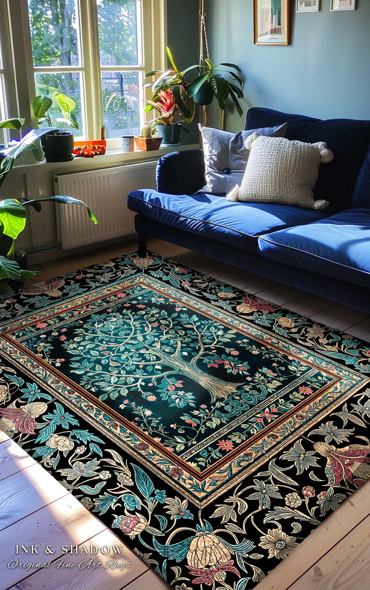 Mystic Ornamental Morris Inspired Tree Rug | Cool Tones Botanical Design Fairytale Floral Art Romantic Aesthetic Rococo Cottagecore Accent