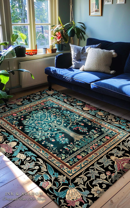 Mystic Ornamental Morris Inspired Tree Rug | Cool Tones Botanical Design Fairytale Floral Art Romantic Aesthetic Rococo Cottagecore Accent