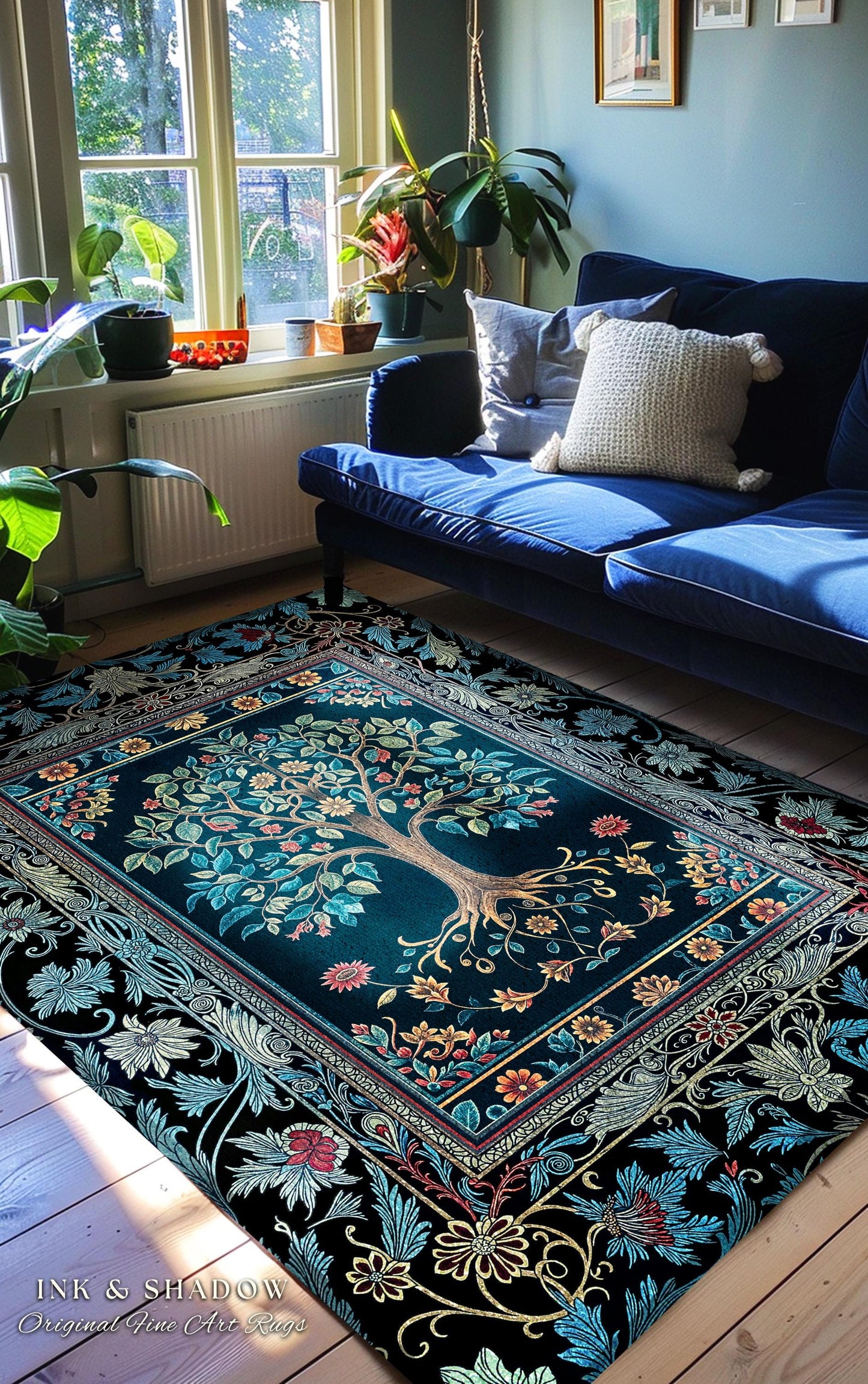 Moody Gothic Blues Tree of Life Rug | Mystical Garden Theme Vintage Floral Decor Romantic Folk Art Forestcore Maximalist Style Bedroom |