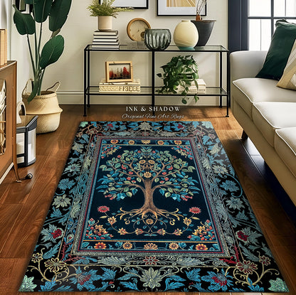 Moody Gothic Blues Tree of Life Rug | Mystical Garden Theme Vintage Floral Decor Romantic Folk Art Forestcore Maximalist Style Bedroom |