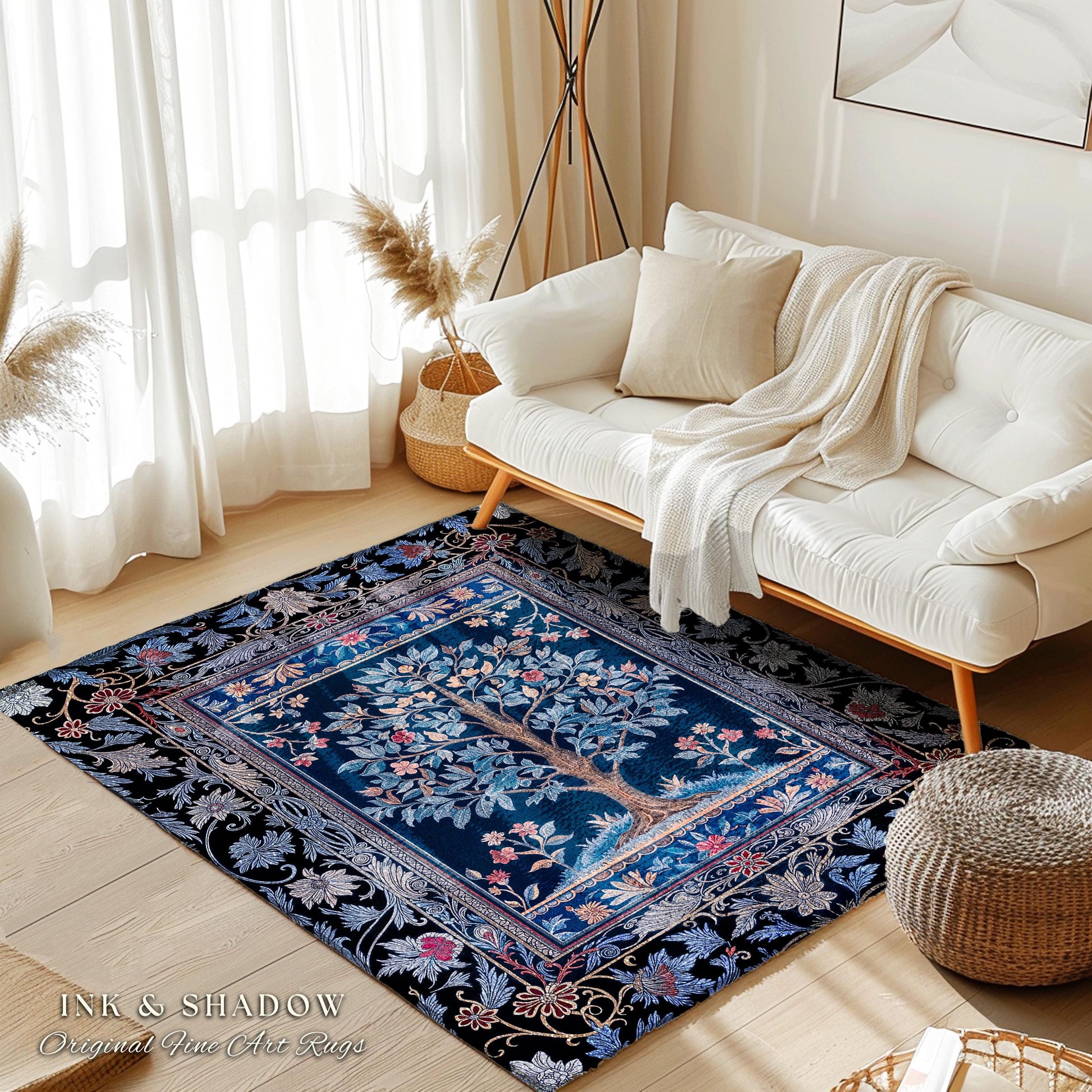 Dark Woodland Rich Baroque Tree of Life Rug | Intricate Garden Decor Romantic Baroque Floral Accent Morris Inspired Woodland Folk Art Style
