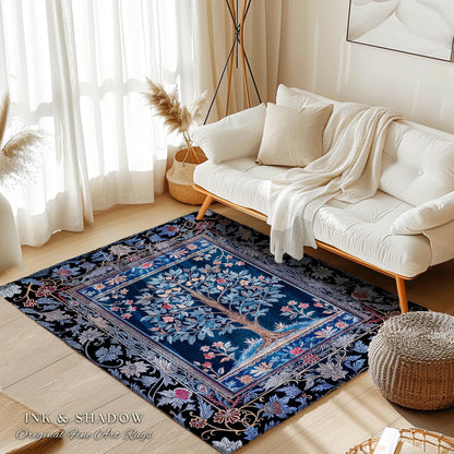 Dark Woodland Rich Baroque Tree of Life Rug | Intricate Garden Decor Romantic Baroque Floral Accent Morris Inspired Woodland Folk Art Style