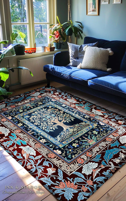 Indie Eclectic Medieval Tree of Life Rug | Baroque Botanical Bedroom Maximalist Floral Decor Folklore Inspired Design Cottagecore Bedroom |
