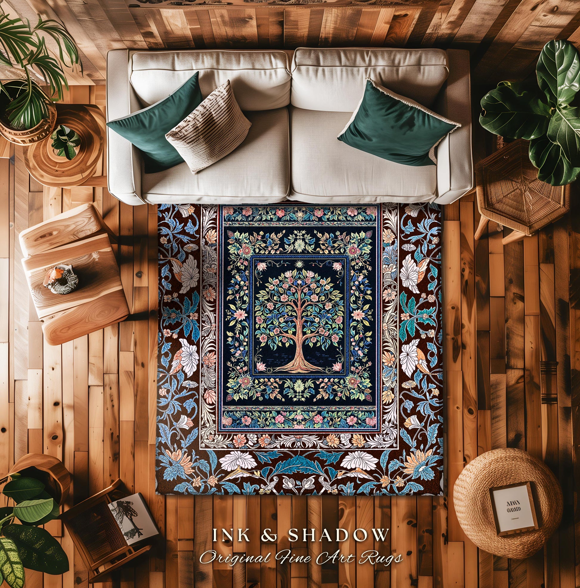 Ornate Grove Tree of Life Rug | Lush Floral Detailing Heirloom Tapestry Design Baroque Nature Theme Cottagecore Living Room Decor Accent
